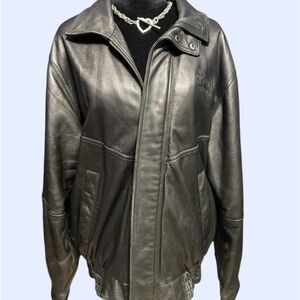 Burks Bay genuine leather jacket black biker moto zip front size M vintage